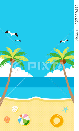 夏の海とヤシの木とビーチが描かれたイラスト　バナー背景　ヘッダー背景 127039890