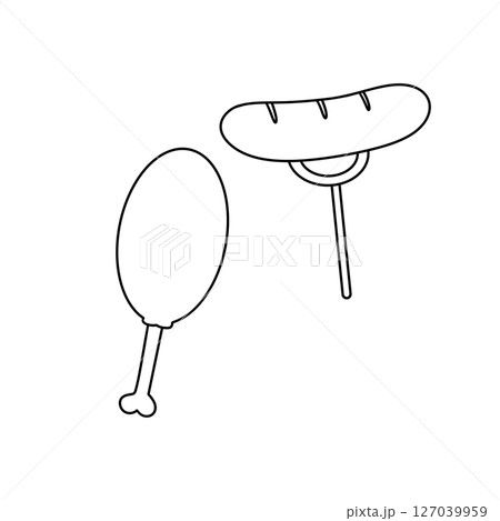 A hot dog and a piece of chicken are shown in a white background 127039959