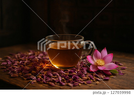 AI generated image of steaming lotus tea in a clear glass cup on wooden table with dried and fresh lotus petals vintage apothecary background warm and refreshing mood 127039998