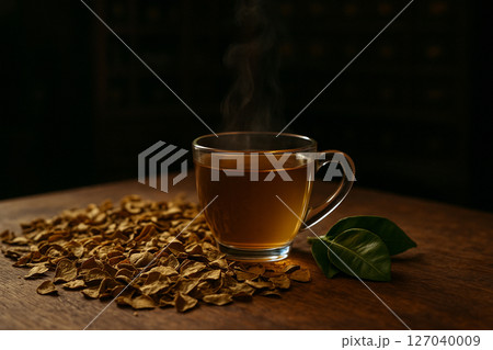 AI generated kaffir lime leaf tea with dried herbs on wooden table and steaming glass cup in vintage apothecary shop soft lighting calm atmosphere traditional natural hair care concept 127040009