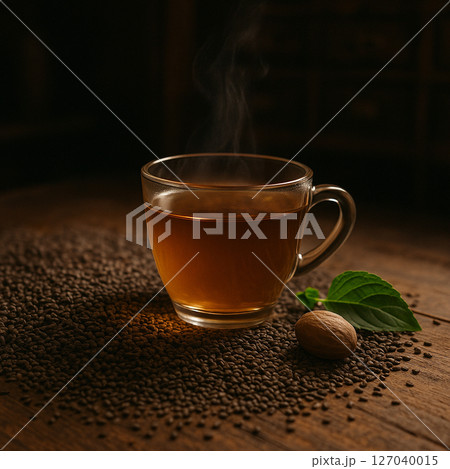 AI generated herbal tea with hot basil seed infusion in a clear glass cup surrounded by dried seeds and vintage apothecary backdrop with warm light and calm atmosphere 127040015