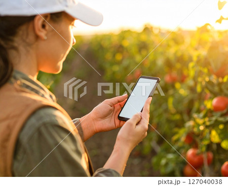 AI generated of a farmer using smartphone to manage rice harvest with combine harvester, featuring agriculture infographics. Shows smart farming technology integration in rural field. 127040038
