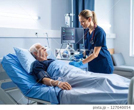 AI generated image showing healthcare scene with senior caucasian male patient on hospital bed receiving saline infusion while attentive female nurse in uniform provides medical care and monitoring 127040054
