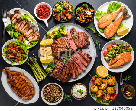 AI generated image of delicious cooked protein-rich foods including steak, pork, chicken and fish with scientific infographic showing molecular structure and nutritional composition 127040055