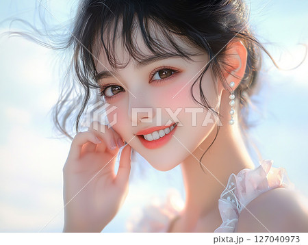 笑顔の女性が夏のビーチでリラックスする爽やかなポートレート 127040973