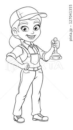 Woman Female Plumber Drain Plunger Cartoon Mascot 127041355