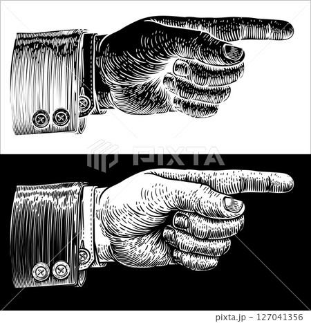 Hand Pointing Finger Etched Vintage Woodcut Style 127041356