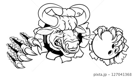 Bull Minotaur Longhorn Cow Bowling Mascot Cartoon 127041368