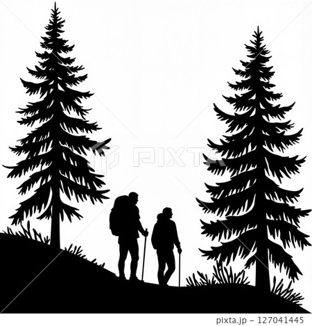 Hikers exploring forest silhouette at nature hike, outdoor adventure 127041445