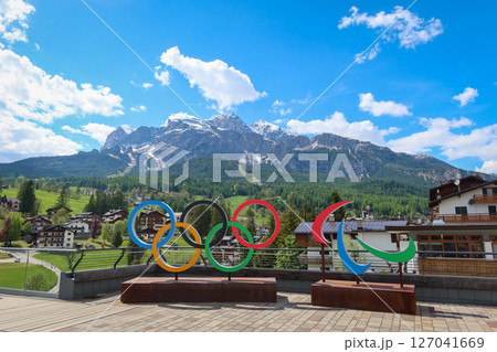 Cortina d'Ampezzo 2026 Olympic Rings with Scenic Dolomites View in Cortina d'Ampezzo, Italy. May 14, 2025 127041669