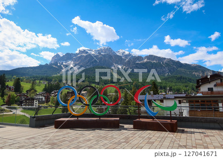 Cortina d'Ampezzo 2026 Olympic Rings with Scenic Dolomites View in Cortina d'Ampezzo, Italy. May 14, 2025 Cortina d'Ampezzo 2026 Olympic Rings with Scenic Dolomites View in Cortina d'Ampezzo, Italy. May 14, 2025 127041671