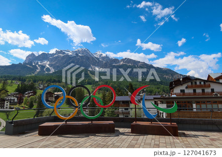 Cortina d'Ampezzo 2026 Olympic Rings with Scenic Dolomites View in Cortina d'Ampezzo, Italy. May 14, 2025 127041673
