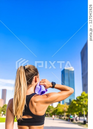 都会で汗をかきながらトレーニングする女性、美しい筋肉 都会で汗をかきながらトレーニングする女性、美しい筋肉 127041926