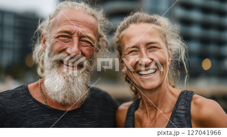 Elderly couple joyfully smiling after an outdoor waterfront activity 127041966