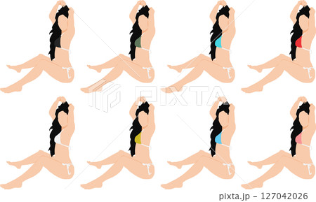 ポーズをとる水着を着た女性のイラストセット ポーズをとる水着を着た女性のイラストセット 127042026