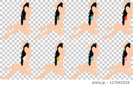 ポーズをとる水着を着た女性のイラストセット ポーズをとる水着を着た女性のイラストセット 127042026