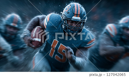 Focused quarterback preparing to launch a pass during a tense football game 127042065
