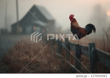 Proud rooster perched on an old fence at dawn in a misty rural setting 127042081