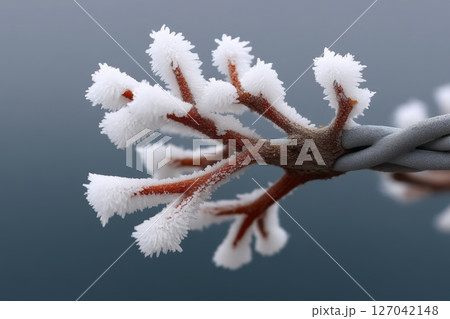 Frost-covered branch with delicate ice crystals near a body of water at dawn 127042148
