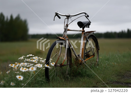 Rustic bicycle stands by wildflowers in a serene field on a cloudy day 127042220