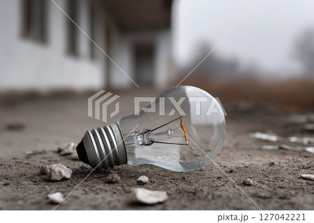 Light bulb rests on ground near abandoned building in foggy weather 127042221