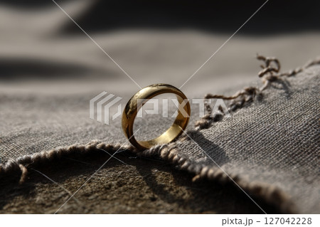 Golden ring resting on textured fabric, capturing light beautifully in natural setting 127042228