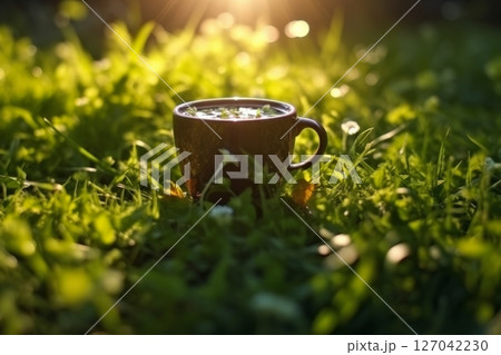 Enjoying a warm cup of tea in a lush green garden during the golden hour 127042230