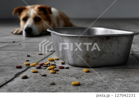 Dog waiting near an empty food bowl on a tiled floor in a home environment 127042231