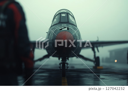 Fighter jet on display in foggy weather at an airfield during a quiet morning 127042232