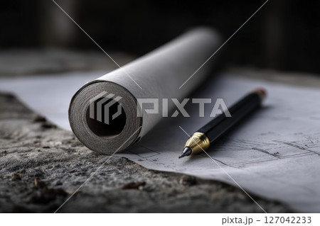 Blueprint rolls and pen on stone surface during architectural planning in a rustic setting 127042233