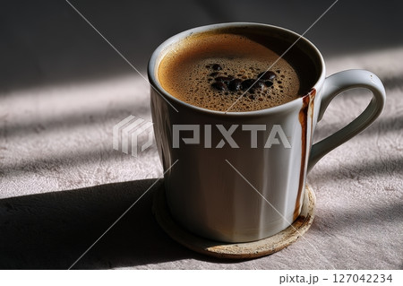 Freshly brewed coffee in a white mug on a table with sunlight streaming through 127042234