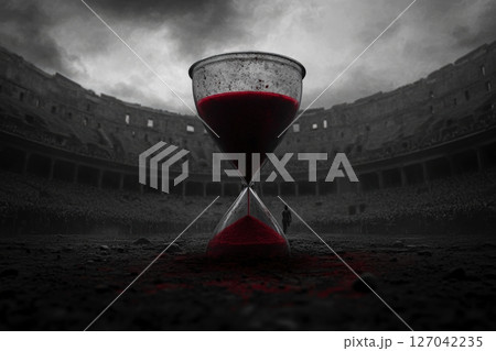 Dramatic hourglass filled with red sand stands in ancient coliseum with distant figure on arena ground 127042235