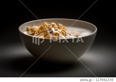 Bowl of cereal mixed with milk on a dark background capturing breakfast simplicity 127042239