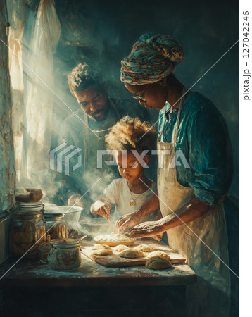 Black family joyfully baking cookies together in a cozy kitchen 127042246