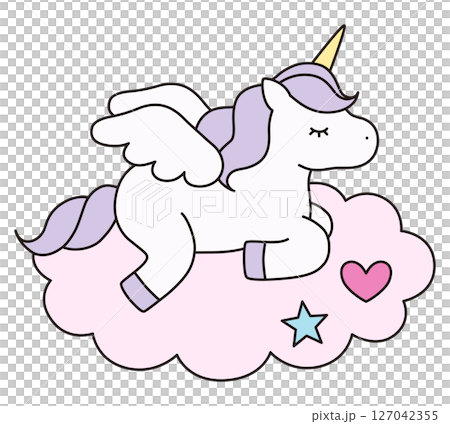 雲とかわいいユニコーンのベクターイラスト。馬、動物、ドリーミー、羽、ペガサス、線 127042355