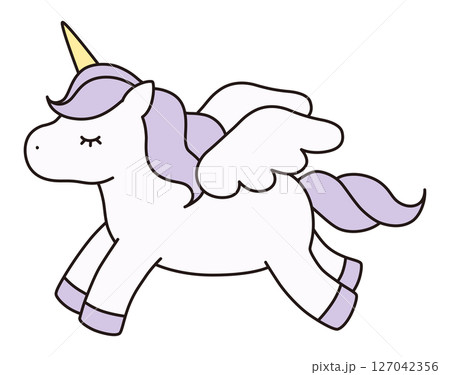 かわいいユニコーンのベクターイラスト。馬、動物、ドリーミー、羽、ペガサス、線 127042356