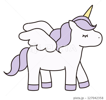 かわいいユニコーンのベクターイラスト。馬、動物、ドリーミー、羽、ペガサス、線 かわいいユニコーンのベクターイラスト。馬、動物、ドリーミー、羽、ペガサス、線 127042358