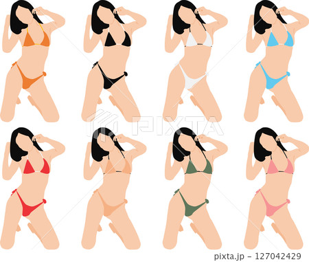 ポーズをとる水着を着た女性のイラストセット ポーズをとる水着を着た女性のイラストセット 127042429