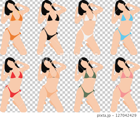 ポーズをとる水着を着た女性のイラストセット ポーズをとる水着を着た女性のイラストセット 127042429