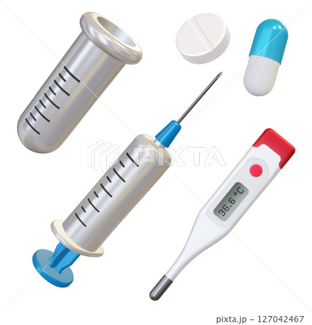 3d Realistic syringe, test tube, pill tablet, electronic medical thermometer for measuring isolated on white background. Vector. Advertising for hospital or pharmaceutical company. Sign for pharmacy. 127042467