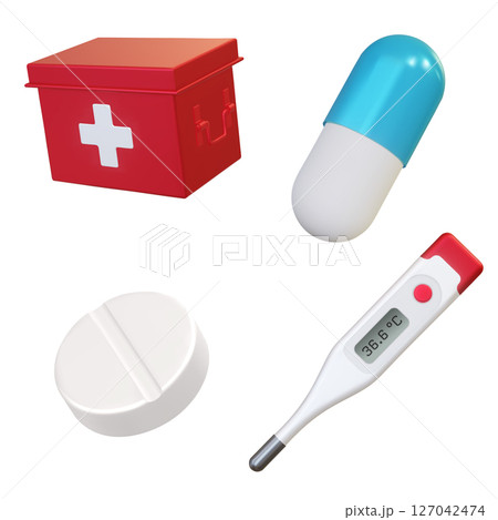 3d Realistic drops of blood, first aid kit box, electronic medical thermometer for measuring isolated on white background. Vector. Advertising for hospital or pharmaceutical company. Sign for pharmacy 127042474