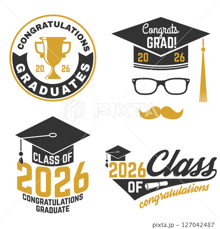 Set of Vector Class of 2026 badges. Vector illustration. Concept for shirt, print, seal, overlay or stamp, greeting, invitation card. Typography design. For class of 2026 graduation. Set of Vector Class of 2026 badges. Vector illustration. Concept for shirt, print, seal, overlay or stamp, greeting, invitation card. Typography design. For class of 2026 graduation. 127042487