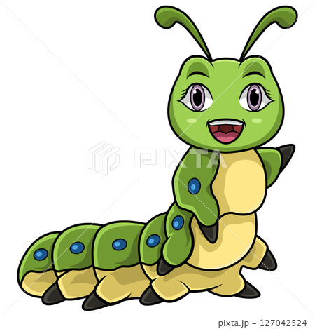 Cartoon happy caterpillar waving hand Cartoon happy caterpillar waving hand 127042524
