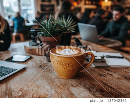Latte art on wooden table in cafe with people working 127042583