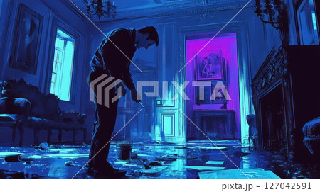 Man cleaning flooded mansion interior 127042591