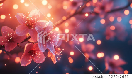 Pink blossoms, bokeh lights, spring night, soft focus 127042656