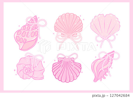 Coquette pink Seashell with pearl bow pastel hand drawn doodle Summer aesthetic Collection 127042684