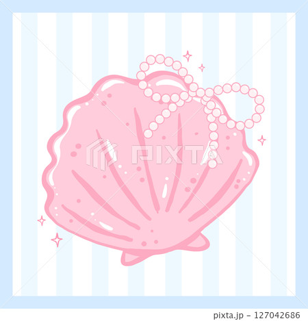 Coquette Seashell with pearl bow in pink pastel...のイラスト素材 [127042686 ...