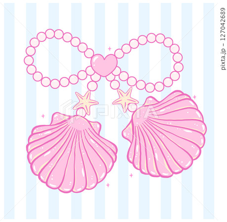 Cute Coquette pink pearl bow seashell pastel hand drawn doodle Summer y2k retro aesthetic Cute Coquette pink pearl bow seashell pastel hand drawn doodle Summer y2k retro aesthetic 127042689
