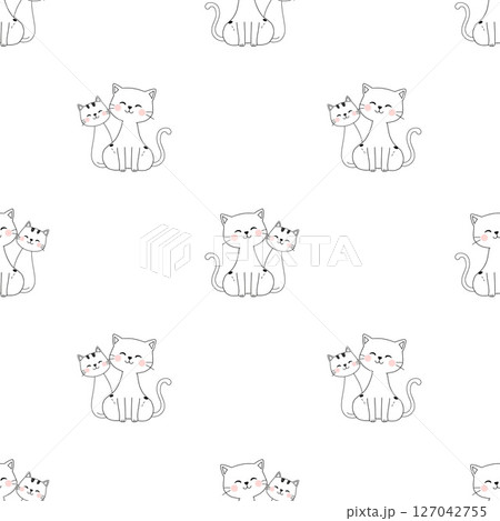 Cute smiling cats, mother and kitten, simple doodle seamless pattern for decoration or textile print 127042755